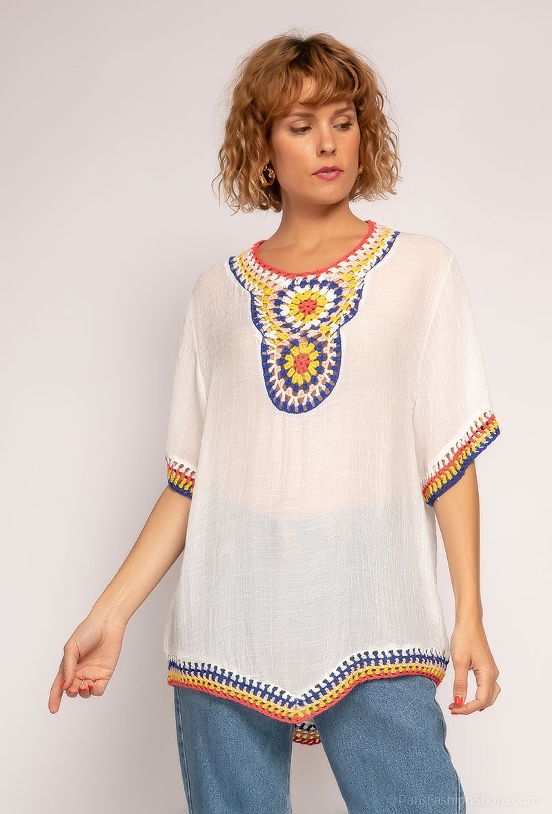 Großhändler Rosa Fashion Crochet - Bluse mit Häkelkragen