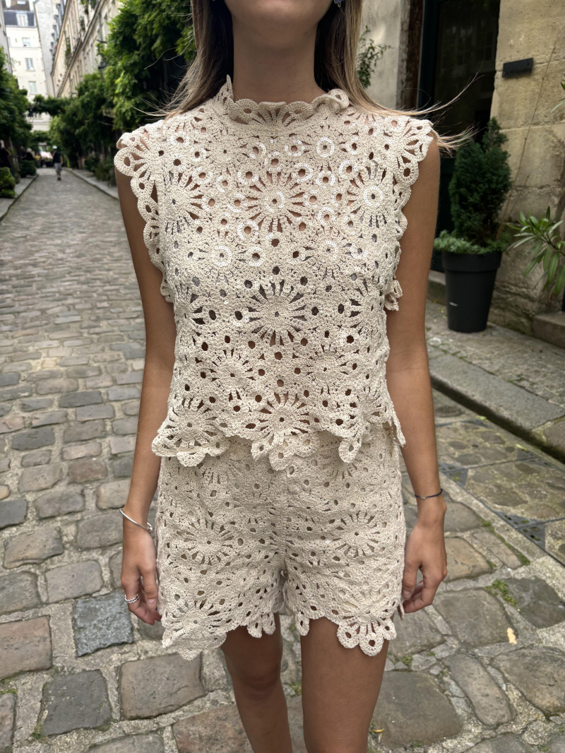 Grossiste Rosa Fashion Crochet - Ensemble top et short en crochet paillettes