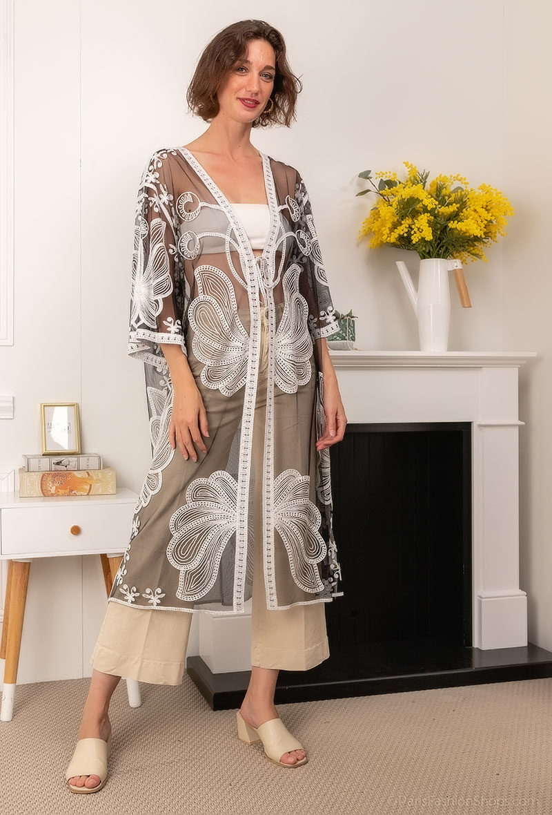 Großhändler Rosa Fashion Crochet - Kimono mit gestickten Blumen