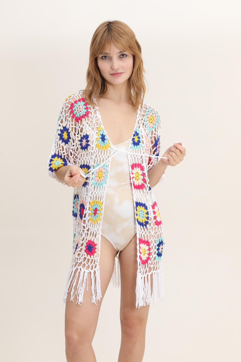 Großhändler Rosa Fashion Crochet - Perforierte Strandweste mit Blumenmuster