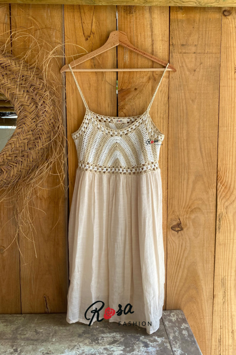 Großhändler Rosa Fashion Crochet - Böhmisches Kleid mit zweifarbigem Häkeloberteil