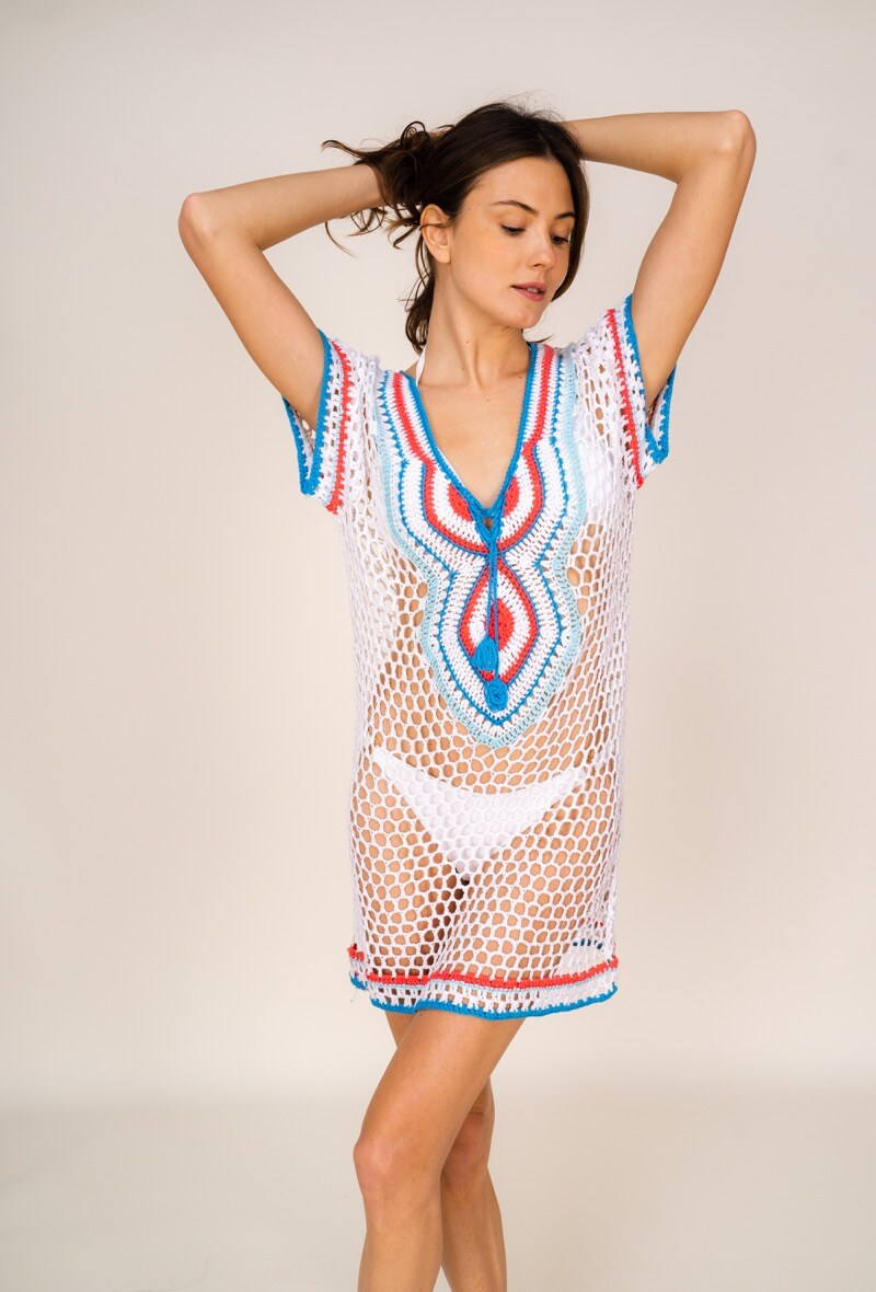 Großhändler Rosa Fashion Crochet - Buntes Häkel-Strandkleid