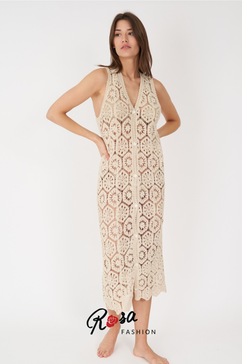 Großhändler Rosa Fashion Crochet - Langes Häkel- und Knopfkleid