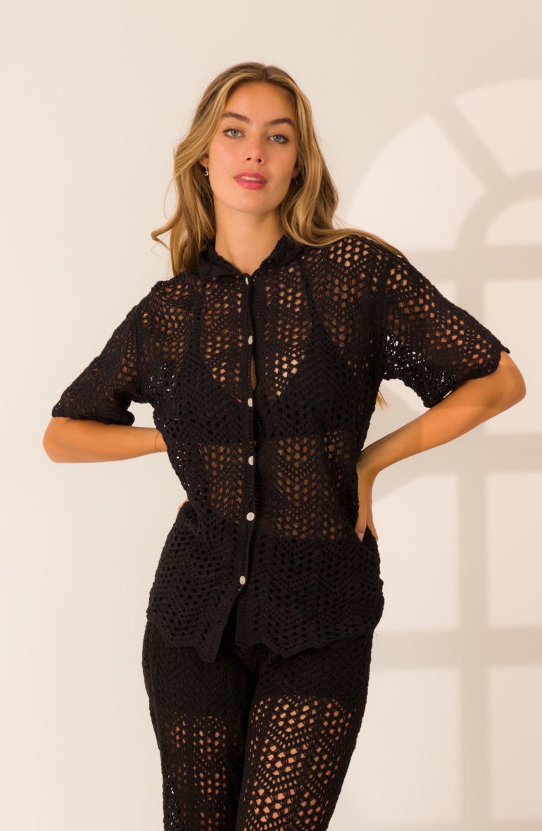 Großhändler Rosa Fashion Crochet - Kurzärmliges Hemd aus Häkelstrick