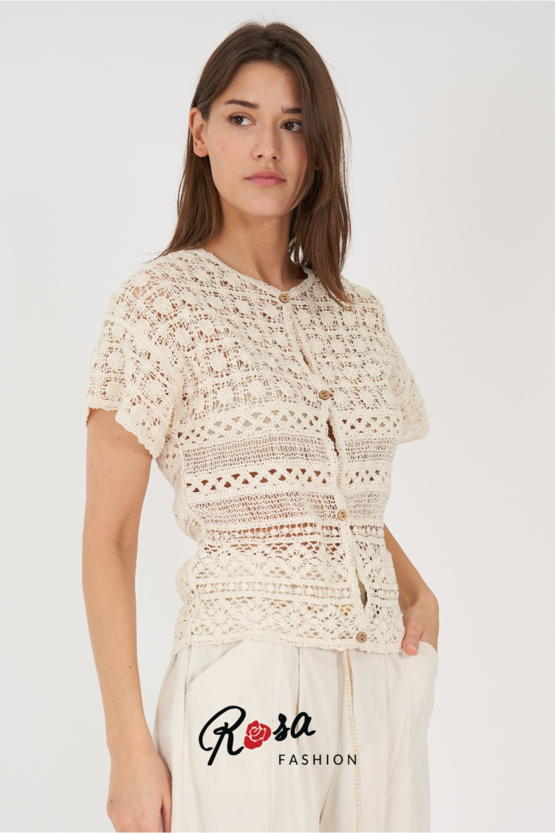 Großhändler Rosa Fashion Crochet - Kurzärmliges Häkel-Hemdoberteil