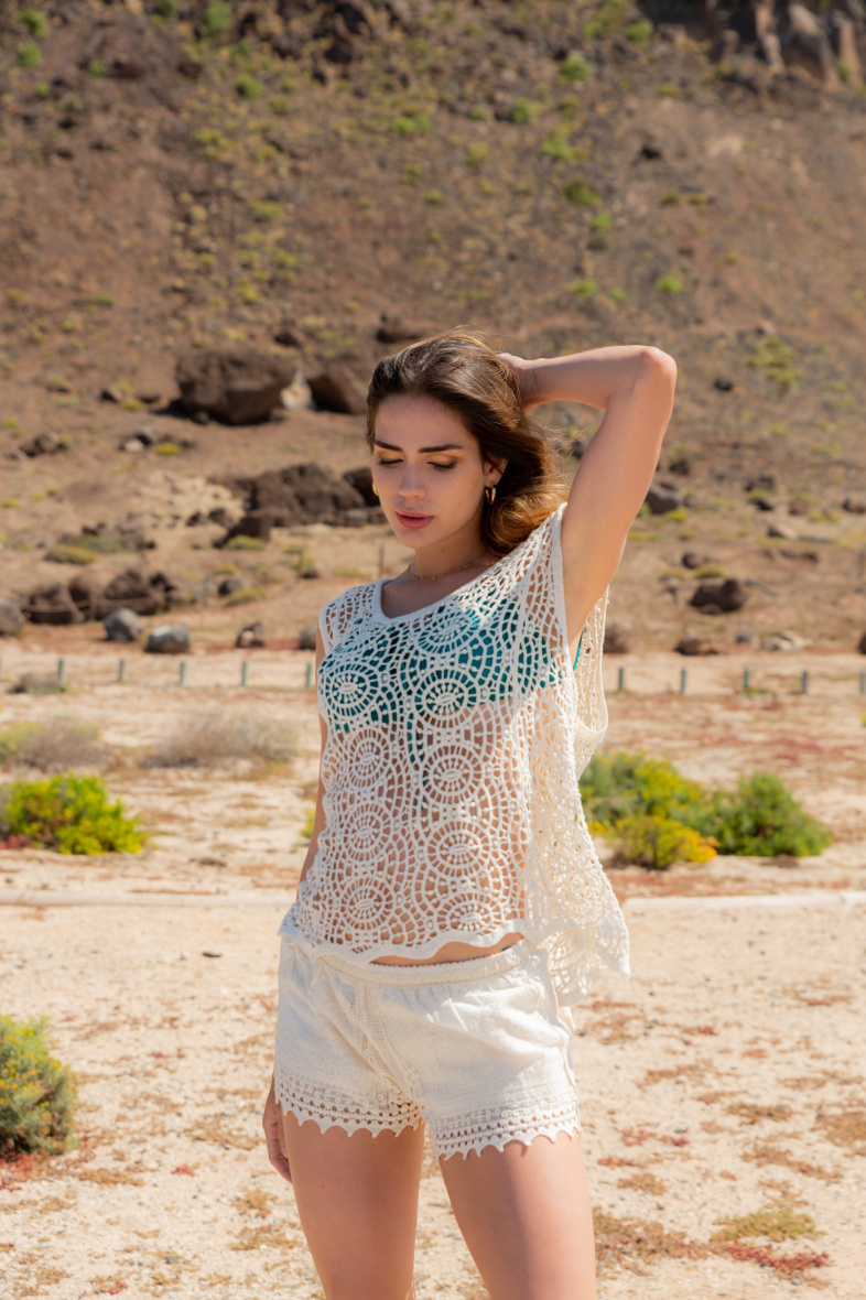 Großhändler Rosa Fashion Crochet - Ärmelloses Häkeloberteil im Boyfriend-Stil