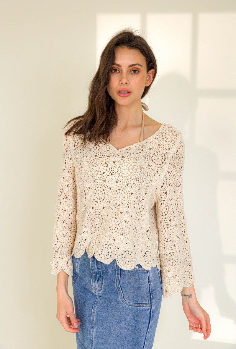 Großhändler Rosa Fashion Crochet - Langärmliges Oberteil aus Häkelstrick