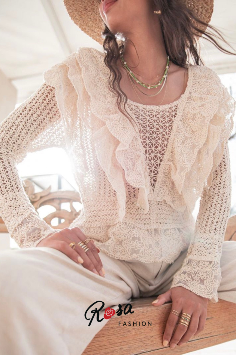 Großhändler Rosa Fashion Crochet - Häkelstrick-Oberteil mit langen Ärmeln