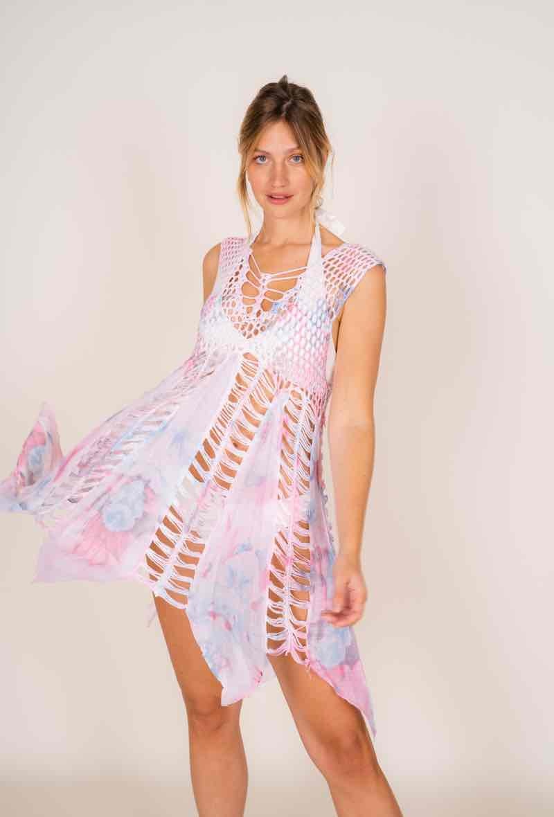 Großhändler Rosa Fashion Crochet - Batik-Tunika mit Häkelarbeit