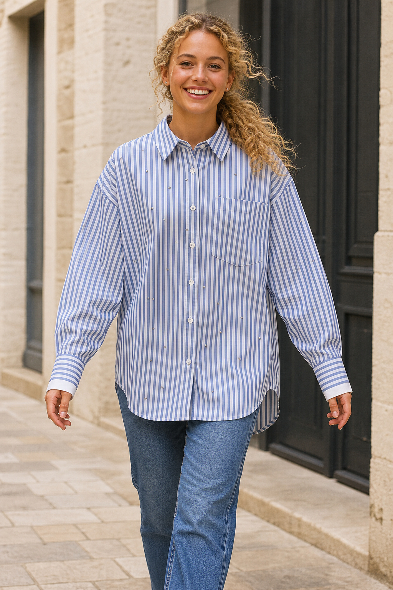Grossista Rosa Fashion - Camicia a righe con strass