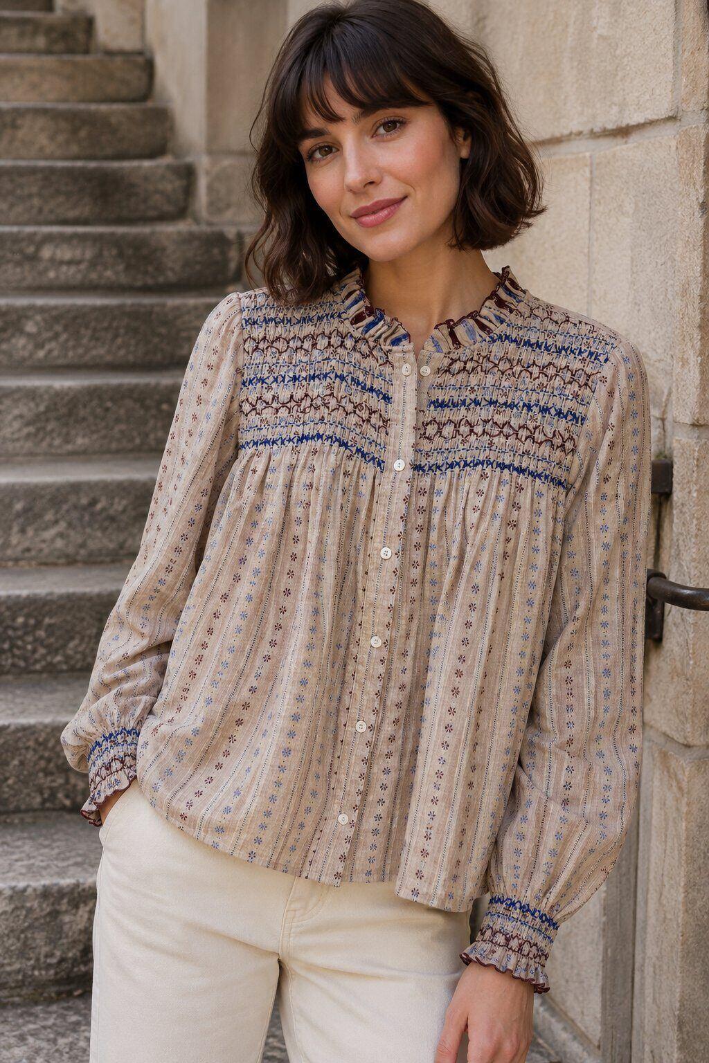 Großhändler Rosa Fashion - Bluse mit Smokdetails und Blumenmuster