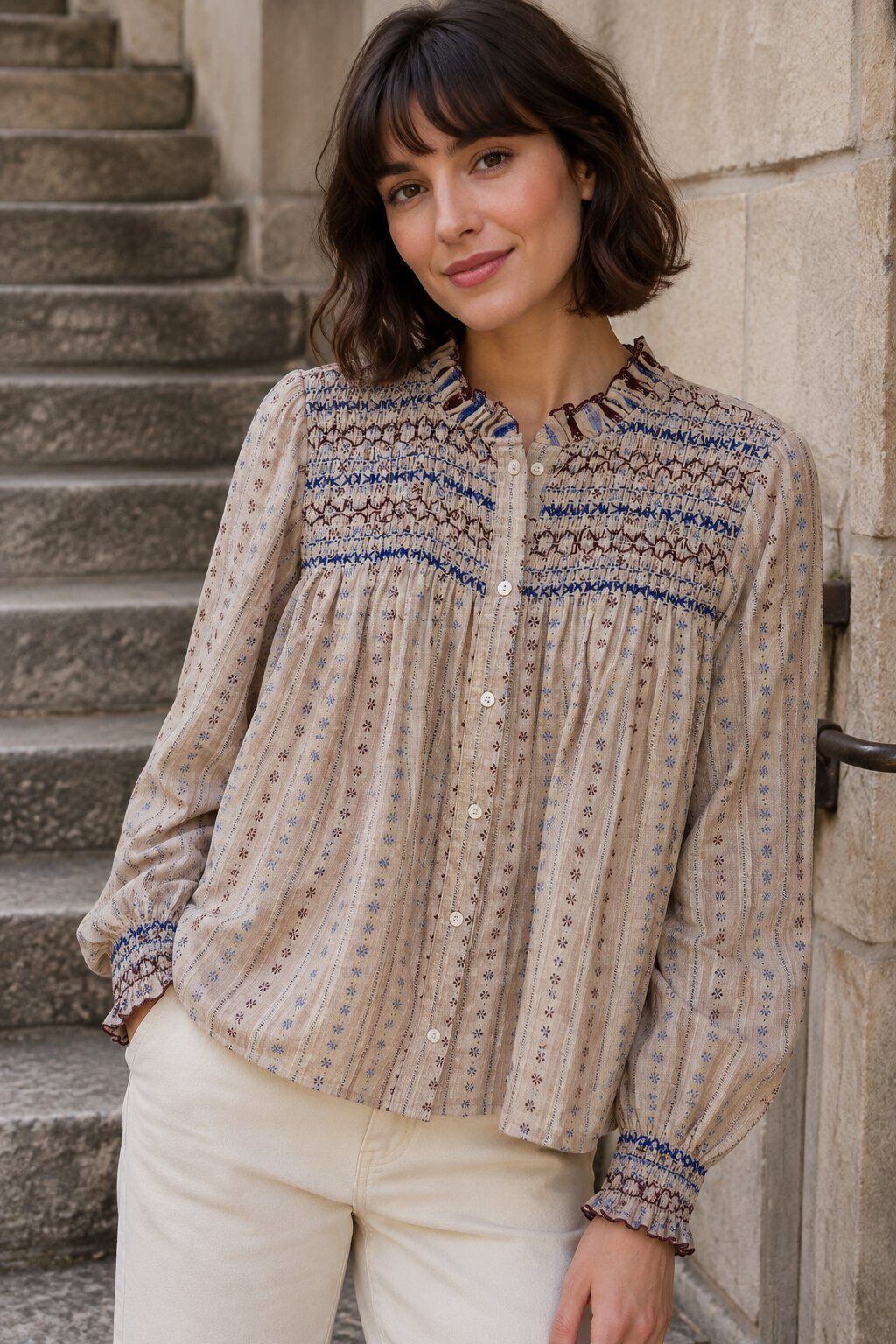Grossiste Rosa Fashion - Chemisier à smocks et imprimé fleuri