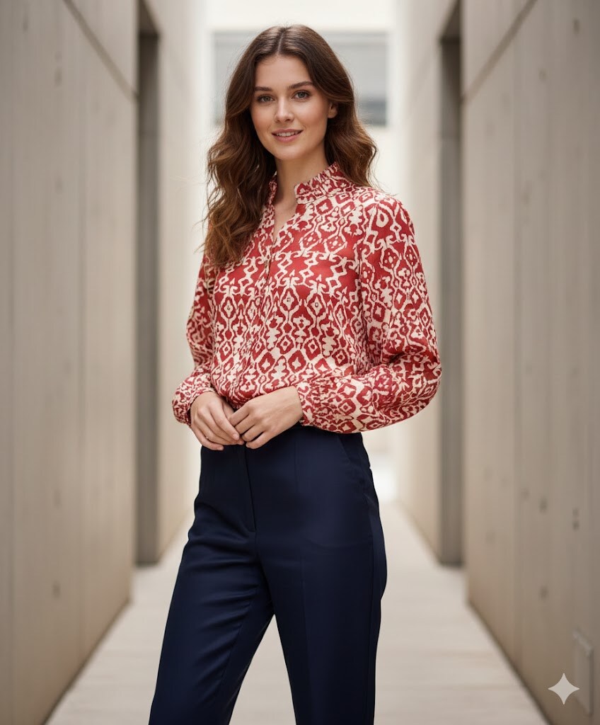 Grossiste Rosa Fashion - Chemisier Imprimé à Col Montant