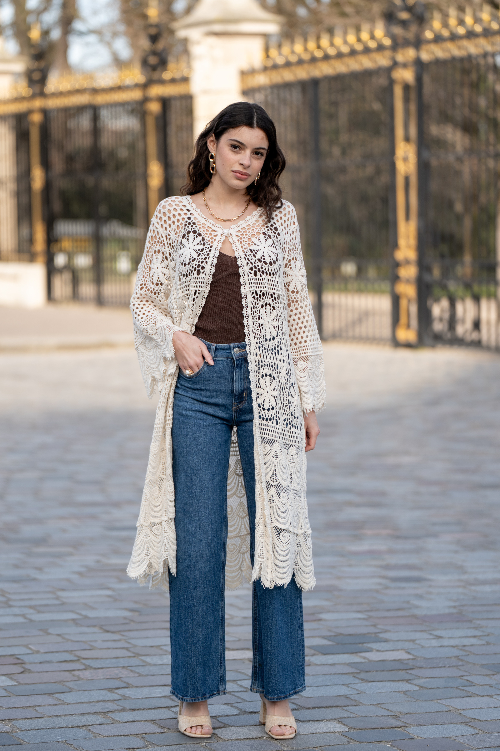 Großhändler Rosa Fashion Crochet - Lange Häkel-Strickjacke