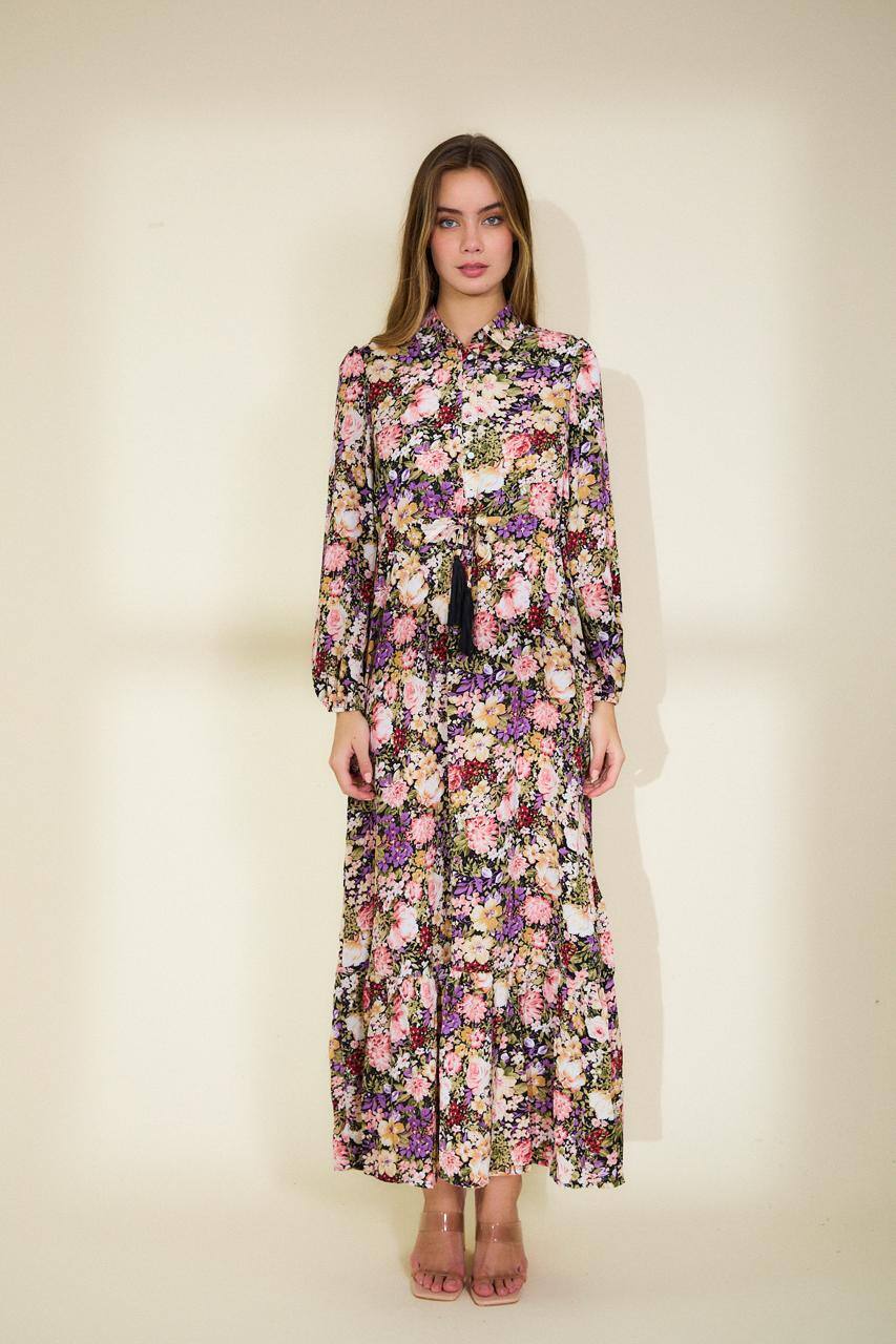 Grossiste Rosa Fashion - Robe Maxi Imprimée à Manches Longues