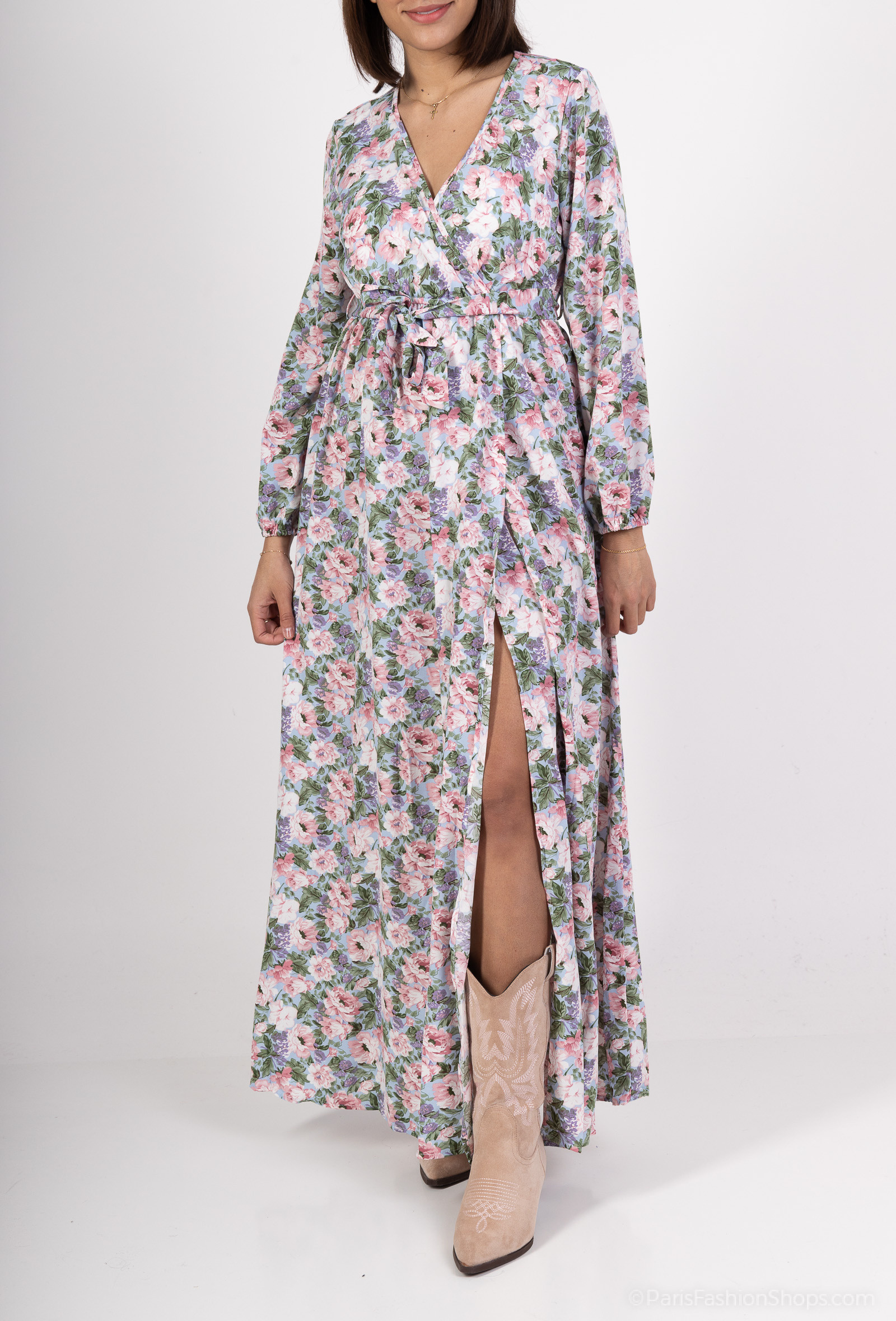 Wholesaler Rosa Fashion - Maxi printed wrap dress with flowers