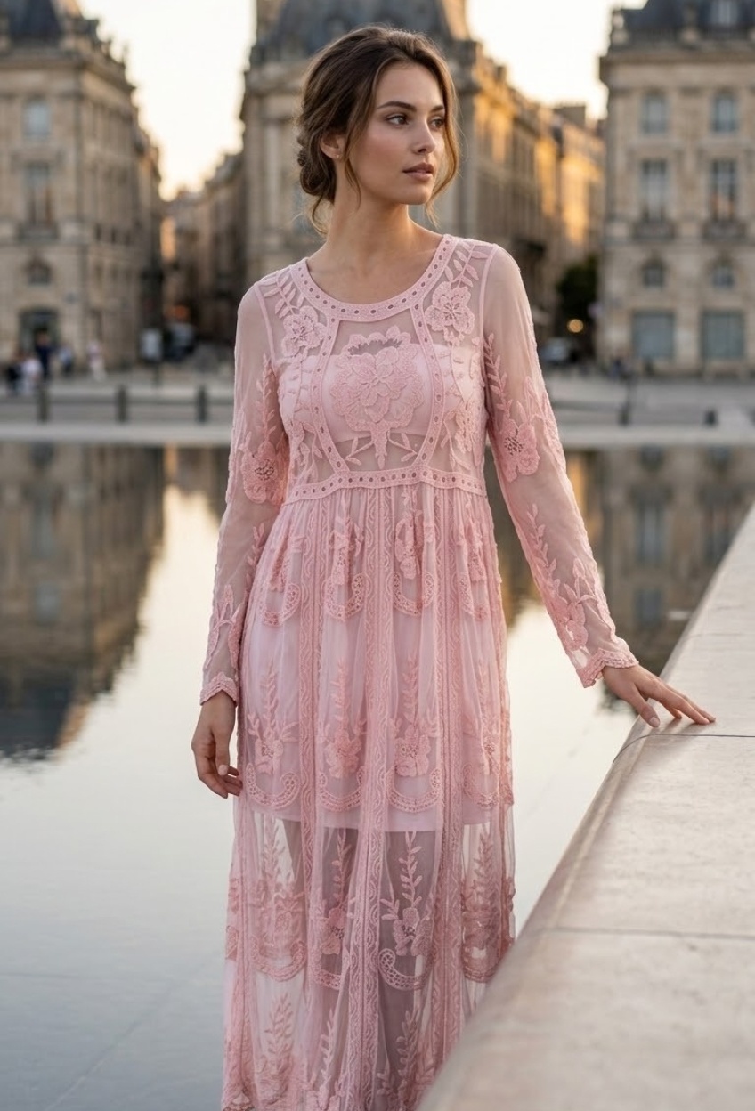 Grossiste Rosa Fashion - Robe longue brodée à manches longues