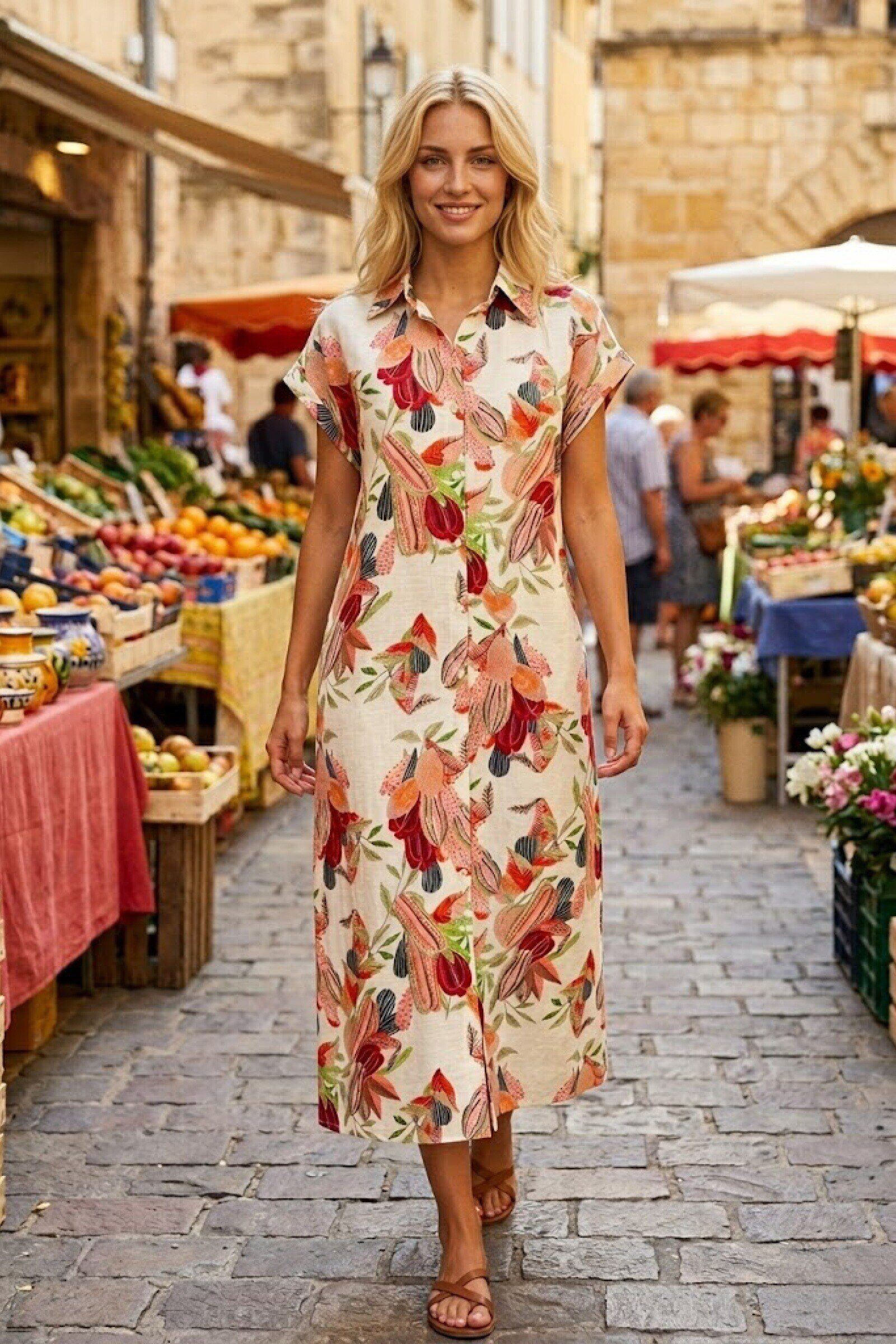 Großhändler Rosa Fashion - Bedrucktes Kleid mit Hemdkragen