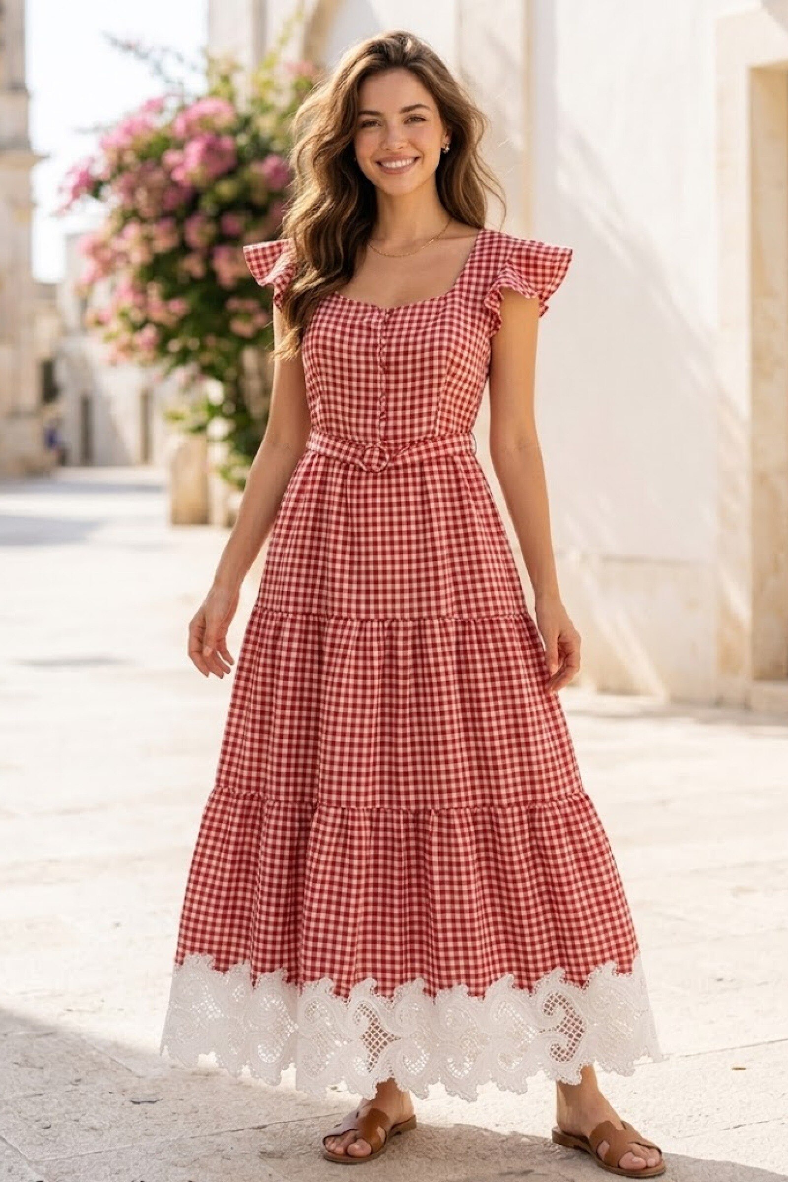 Grossiste Rosa Fashion - Robe longue à carreaux volantée