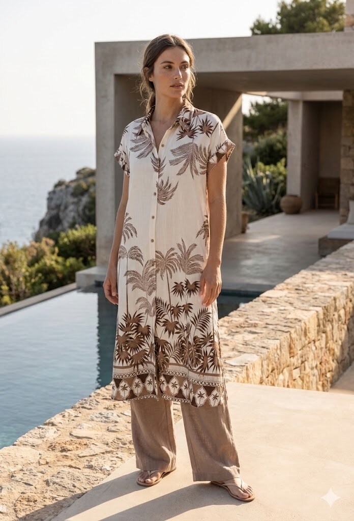Grossiste Rosa Fashion - Robe chemise légère à motifs tropicaux