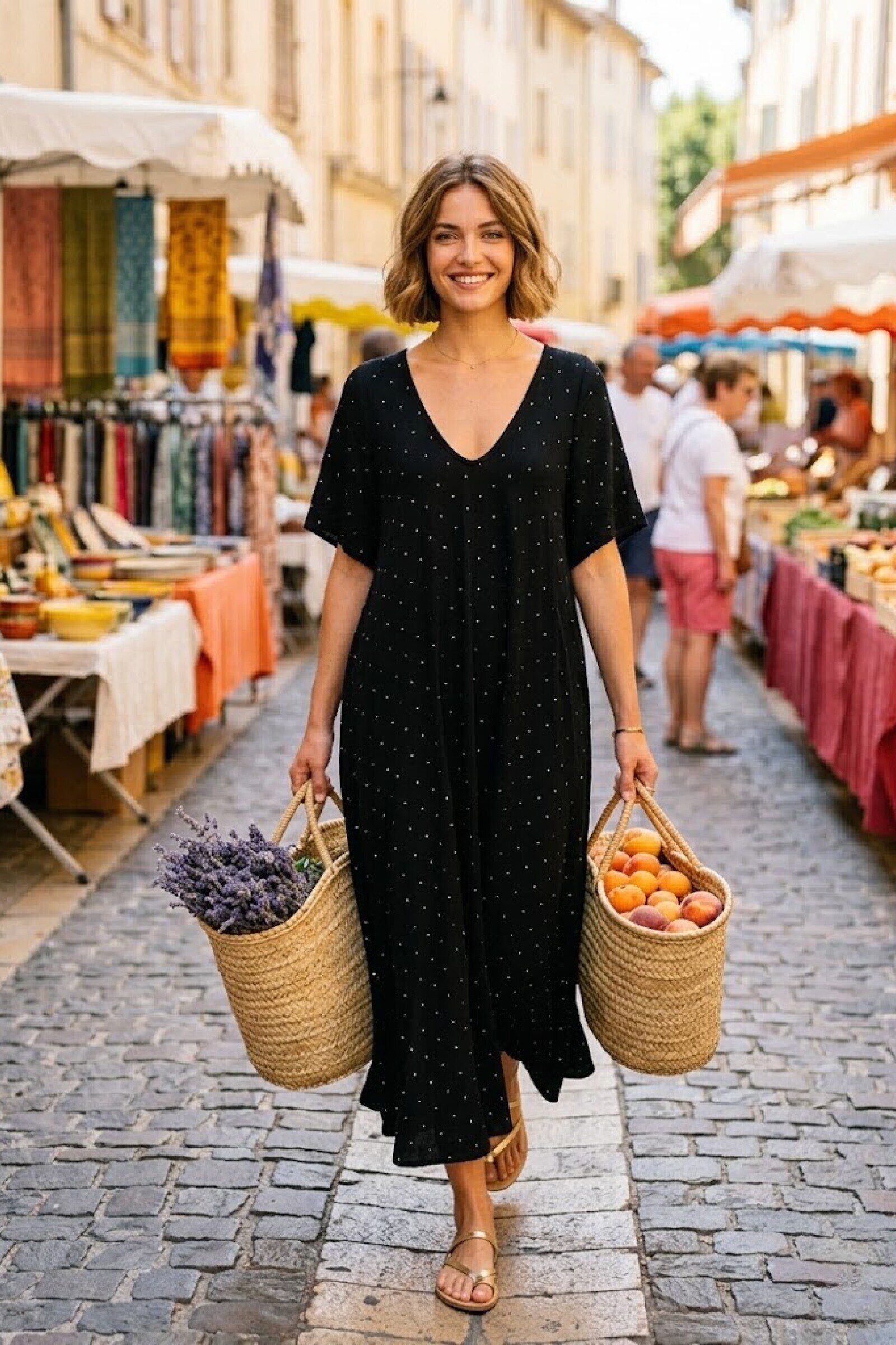 Mayorista Rosa Fashion - Vestido acampanado con pequeños puntos brillantes