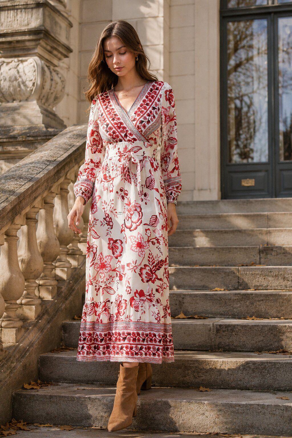 Grossista Rosa Fashion - Abito lungo stampato a portafoglio
