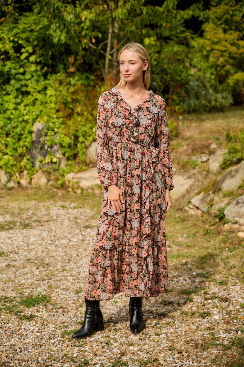 Großhändler Rosa Fashion - Langes Kleid mit Blumendruck