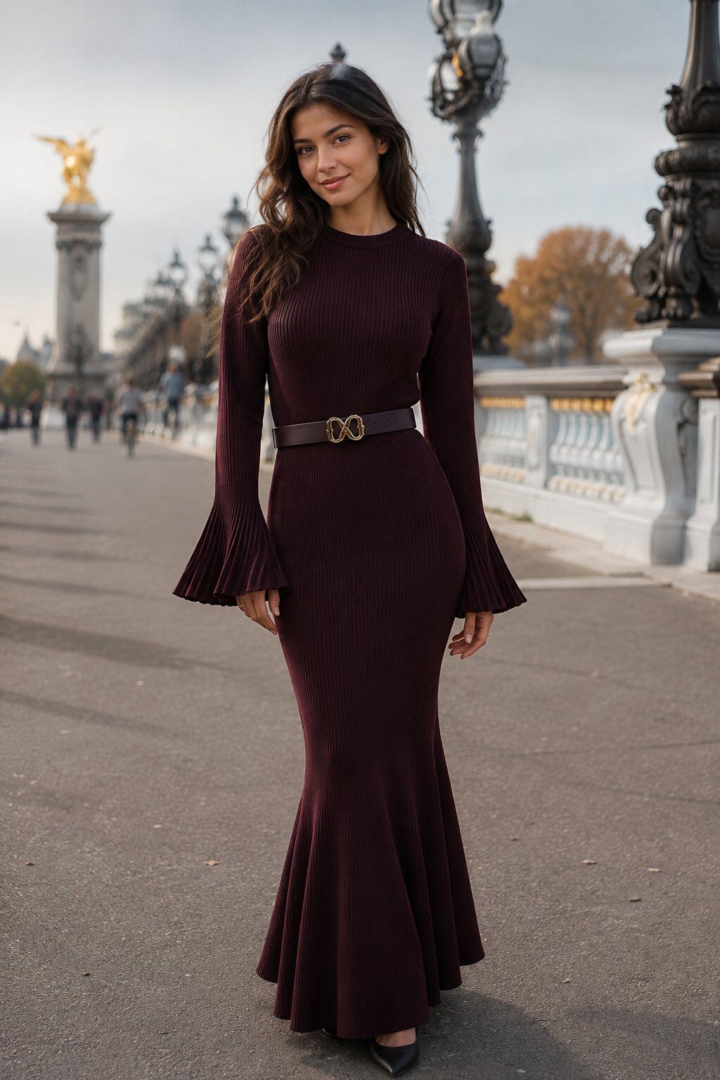 Großhändler Rosa Fashion - Langes, ausgestelltes Kleid mit Glockenärmeln
