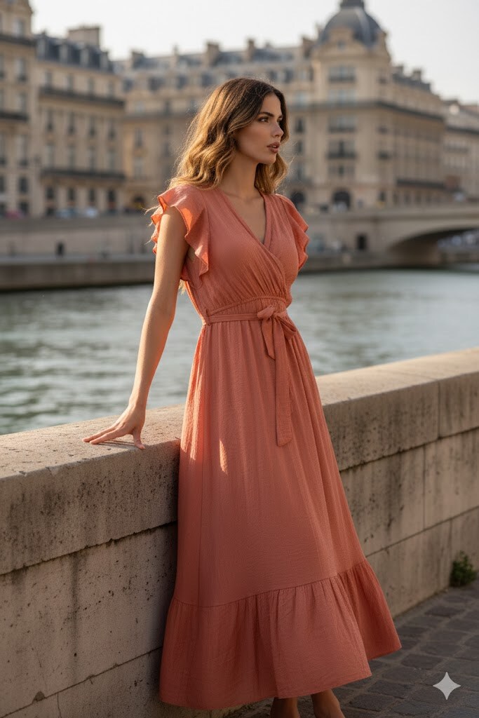 Grossiste Rosa Fashion - Robe maxi fluide à manches volantées