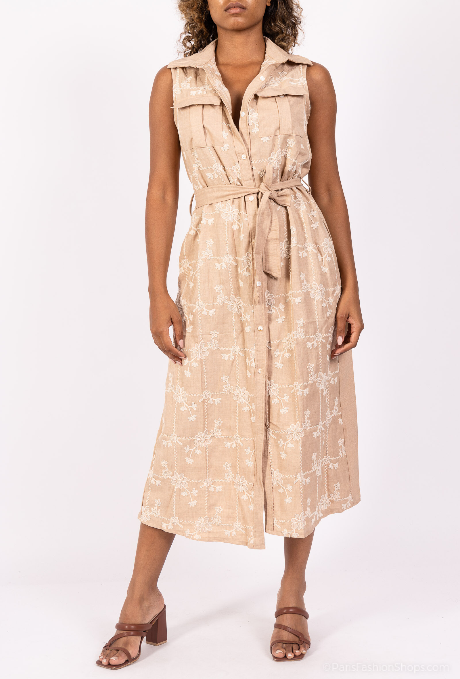 Großhändler Rosa Fashion - Ärmelloses besticktes Hemdkleid
