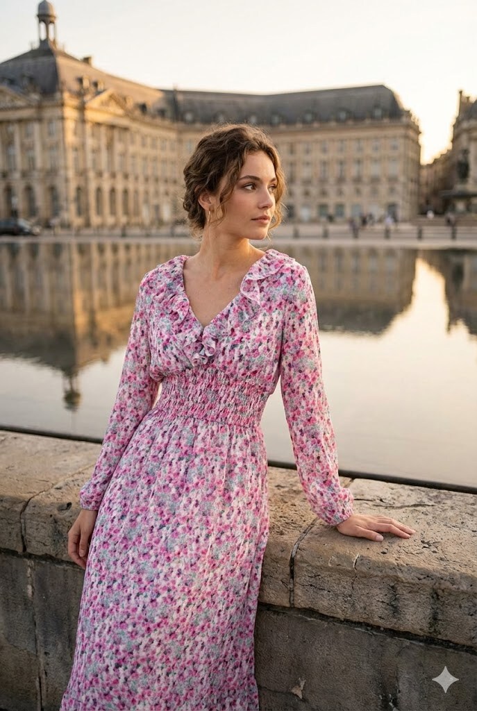 Grossiste Rosa Fashion - Robe maxi à fleurs avec manche longue