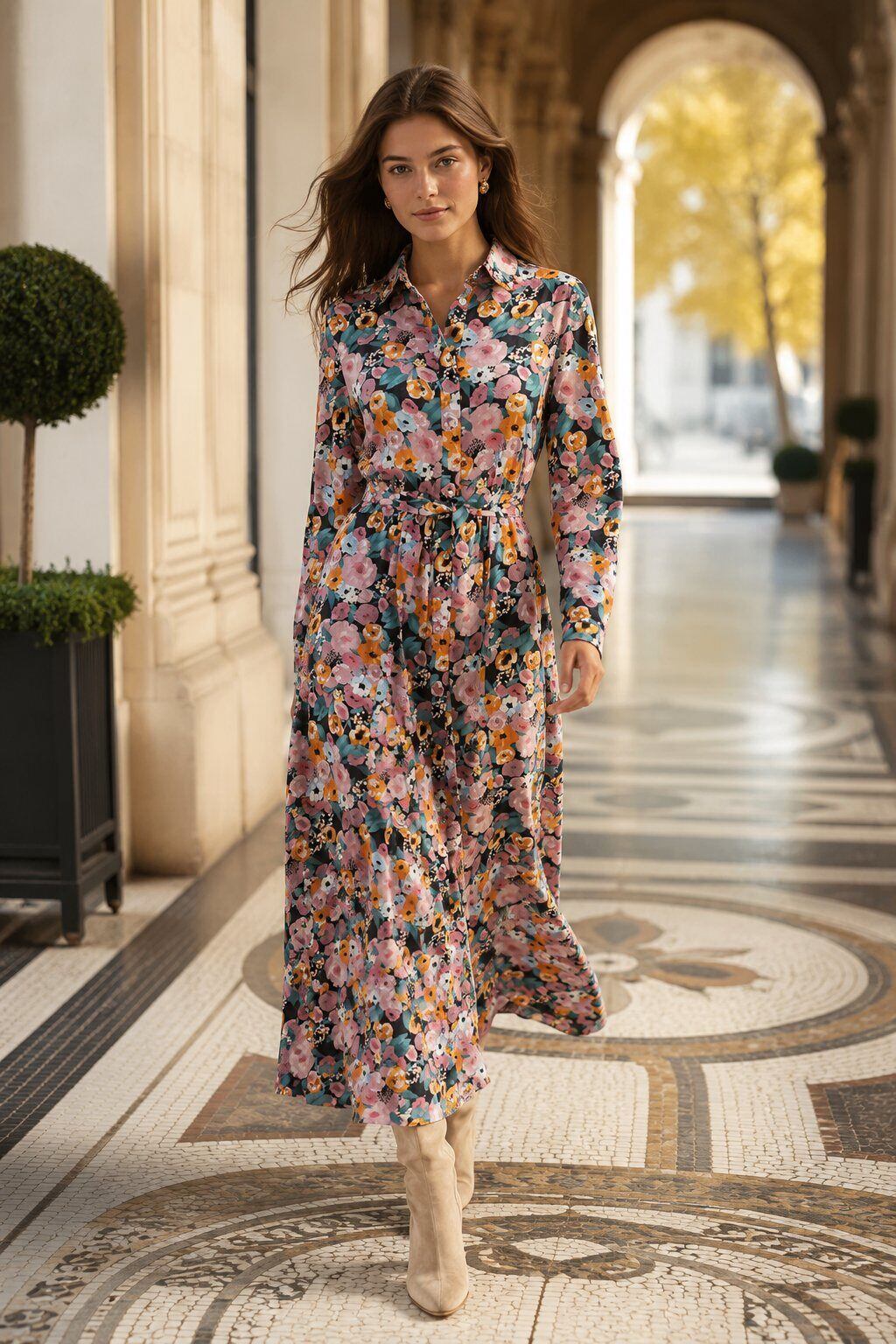 Grossiste Rosa Fashion - Robe longue imprimée à manches longues