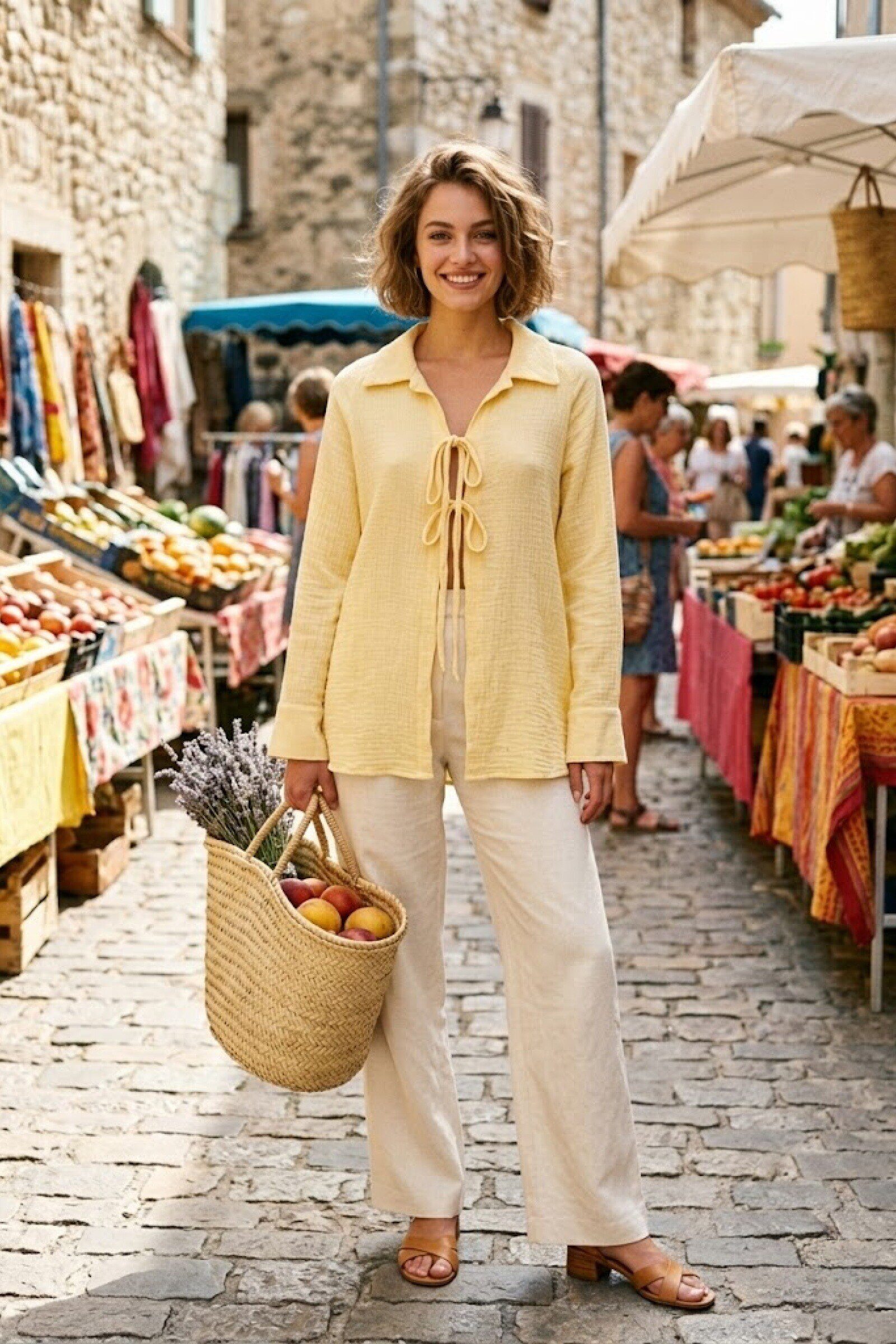 Mayorista Rosa Fashion - Top suelto con lazo en gasa de algodón