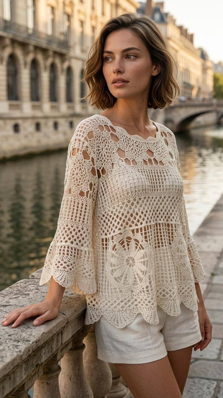 Grossiste Rosa Fashion - Top en crochet à manches volantes