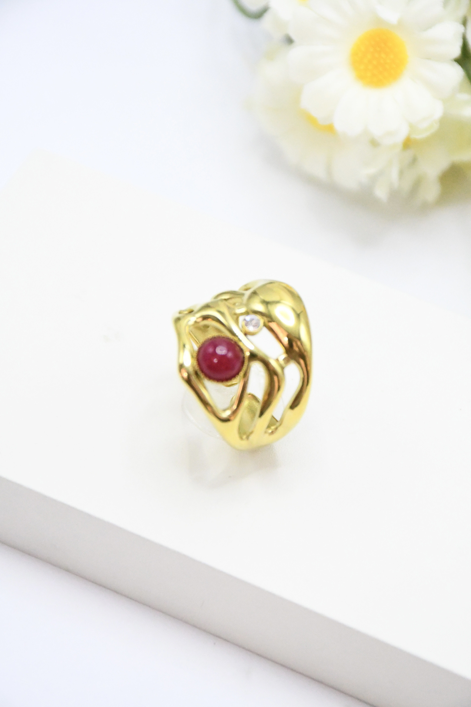 Mayorista ROSA - Anillo de piedra de acero inoxidable ajustable