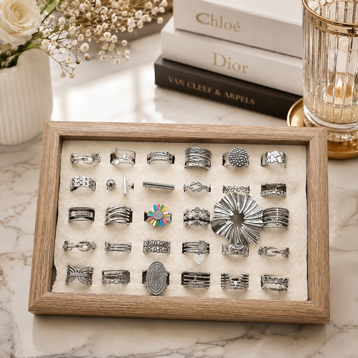 Mayorista ROSE PINK - 30 ANILLOS AJUSTABLES DE ACERO INOXIDABLE - EXPOSITOR DE MADERA INCLUIDO GRATIS