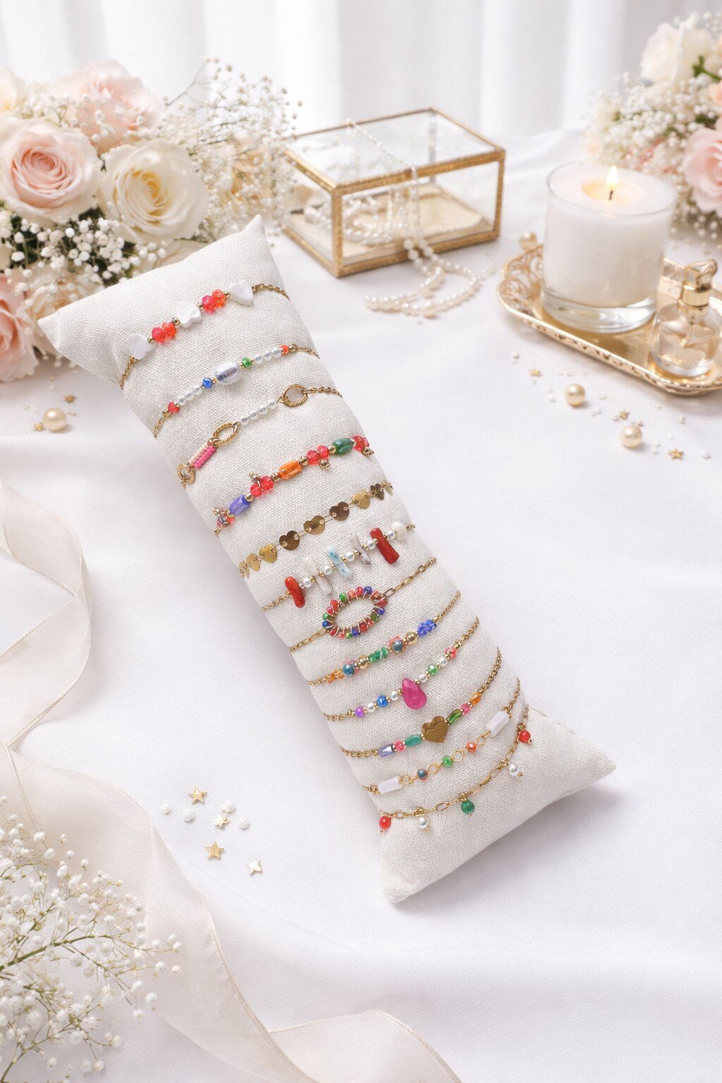 Grossiste ROSE PINK - 12 BRACELETS ORNES DE PIERRES ET DE PERLES EN ACIER INOXYDABLE SUR COUSSIN
