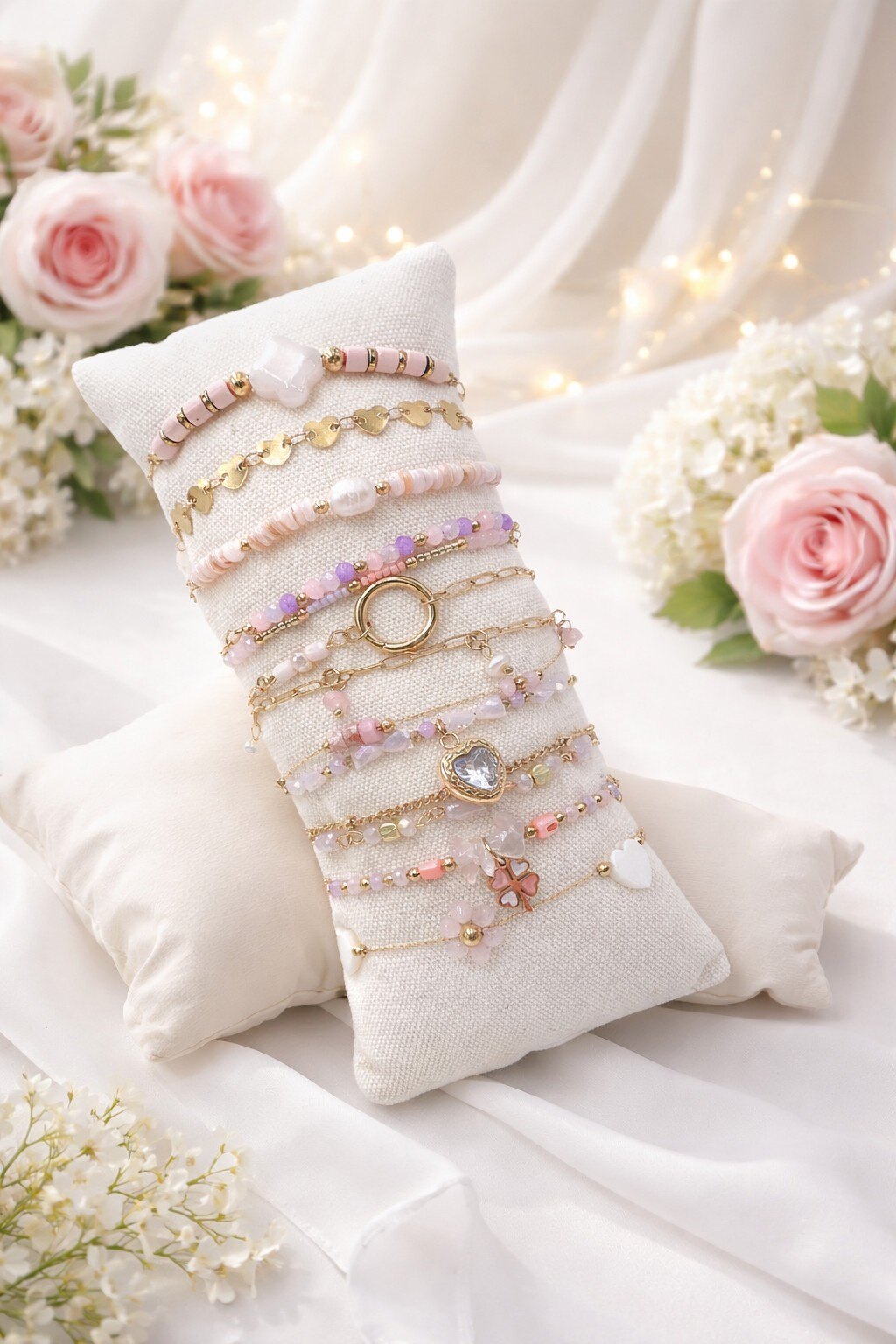 Grossiste ROSE PINK - 12 BRACELETS ORNÉS DE PIERRES ET DE PERLES EN ACIER INOXYDABLE SUR COUSSIN