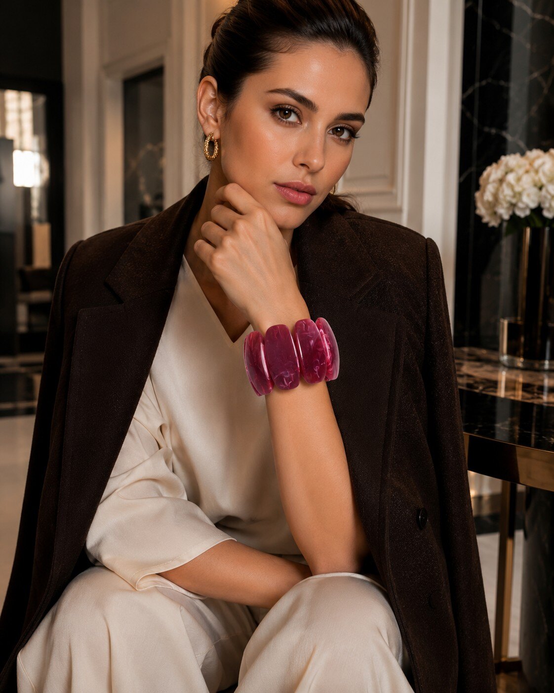 Mayorista ROSE PINK - PULSERA DE PUÑO ELÁSTICA DE RESINA MARMOLADA