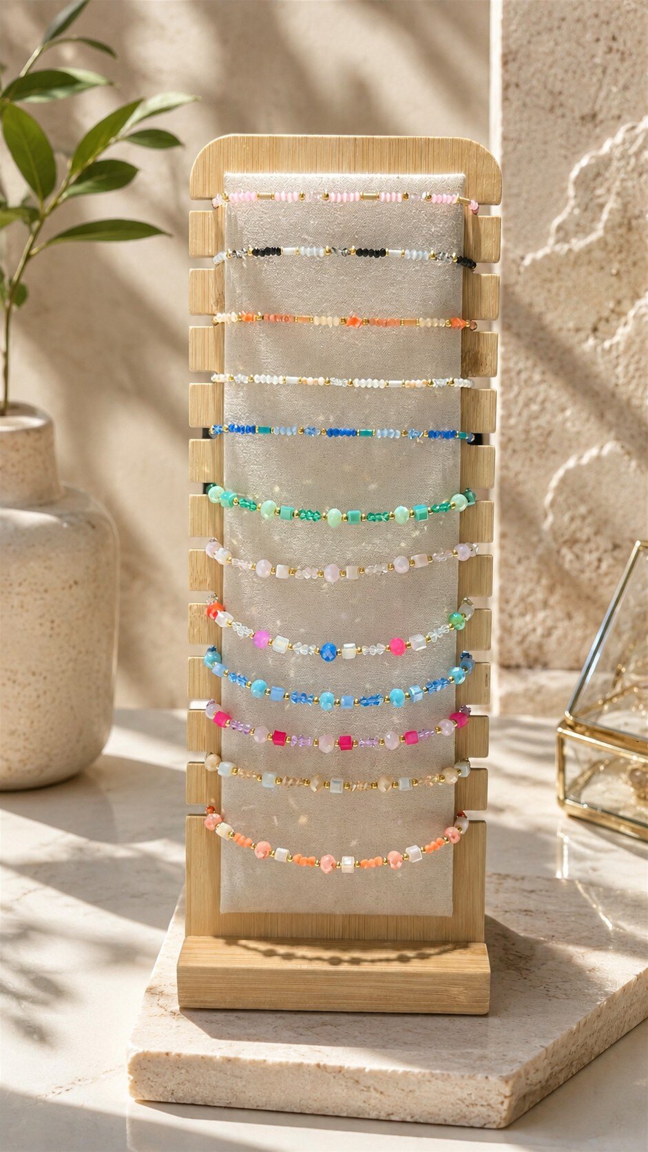 Mayorista ROSE PINK - 12 PULSERAS DE ACERO INOXIDABLE ADORNADAS CON PERLAS Y PIEDRAS COLOREADAS EN EXPOSITOR