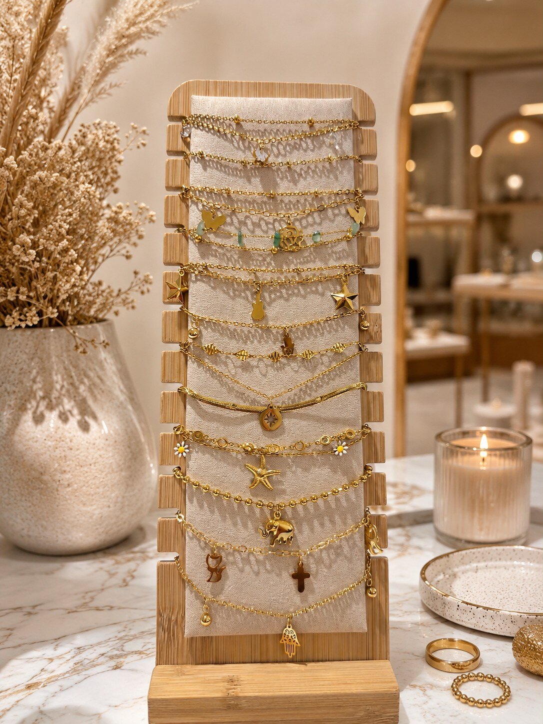 Grossiste ROSE PINK - 12 CHAINES DE CHEVILLE EN ACIER INOXYDABLE SUR PRESENTOIR EN BOIS