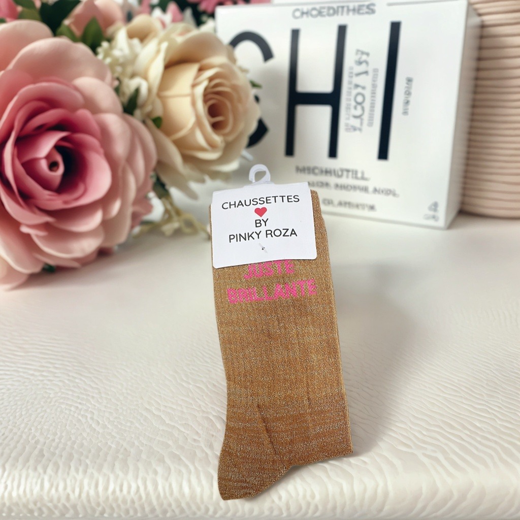 Grossiste ROSE PINK - CHAUSSETTES A PAILLETTES AVEC MESSAGE " JUSTE BRILLANTE" EN COTON