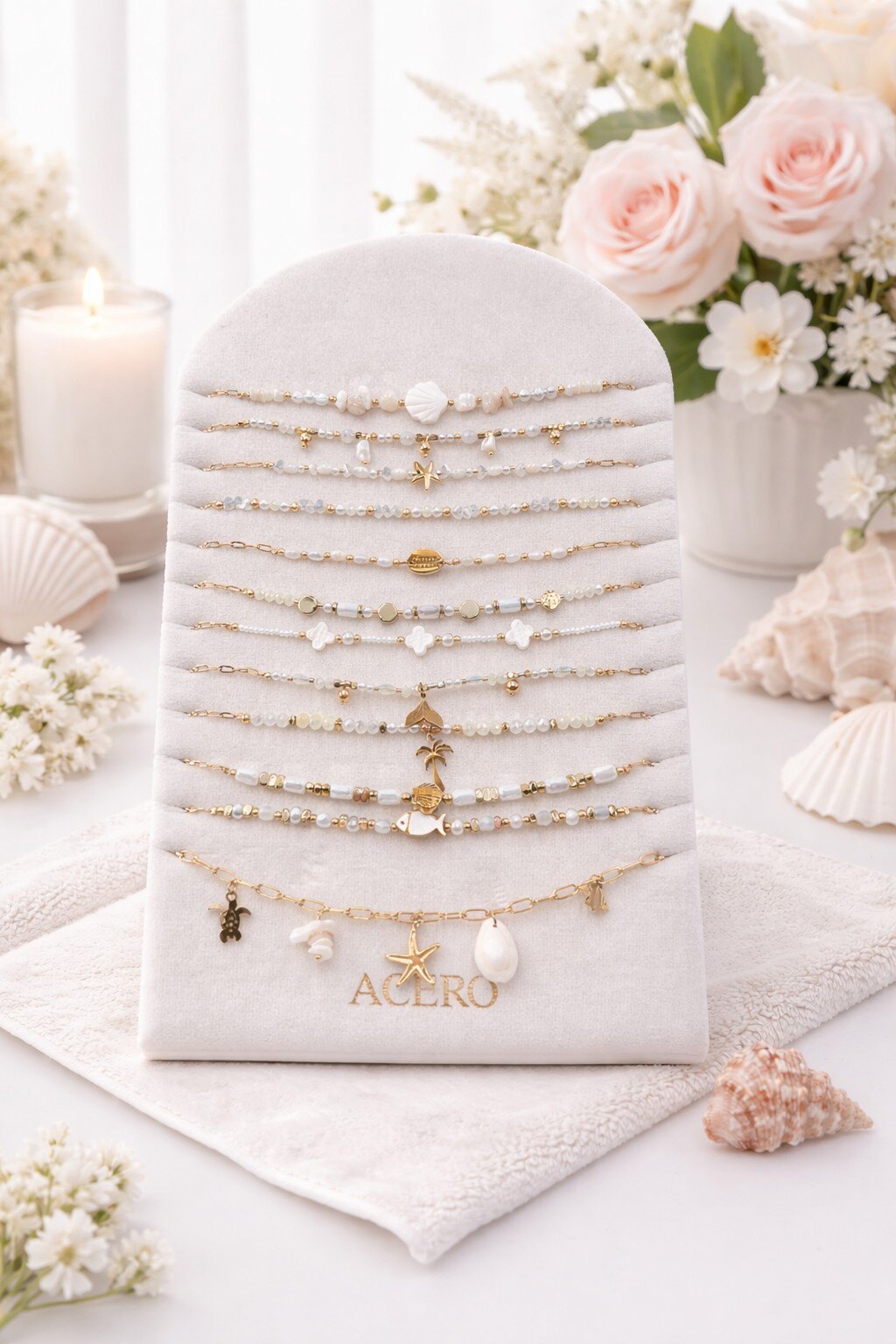Mayorista ROSE PINK - 12 COLLARES ADORNADOS CON PIEDRAS Y PERLAS EN ACERO INOXIDABLE EN EXPOSITOR