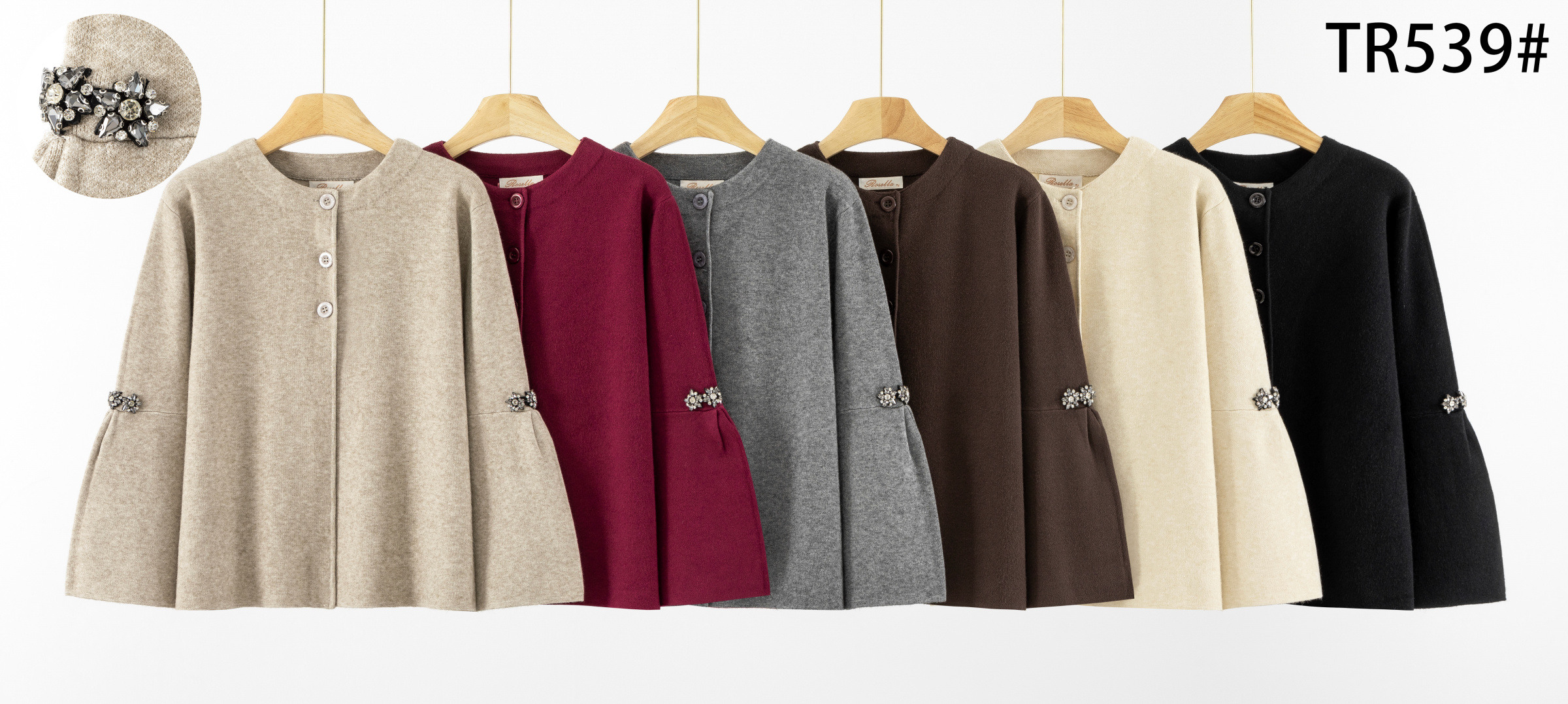 Wholesaler ROSELLA SRL - OPEN SWEATER WITH BUTTON AND DECORATION ON THE SLEEVES