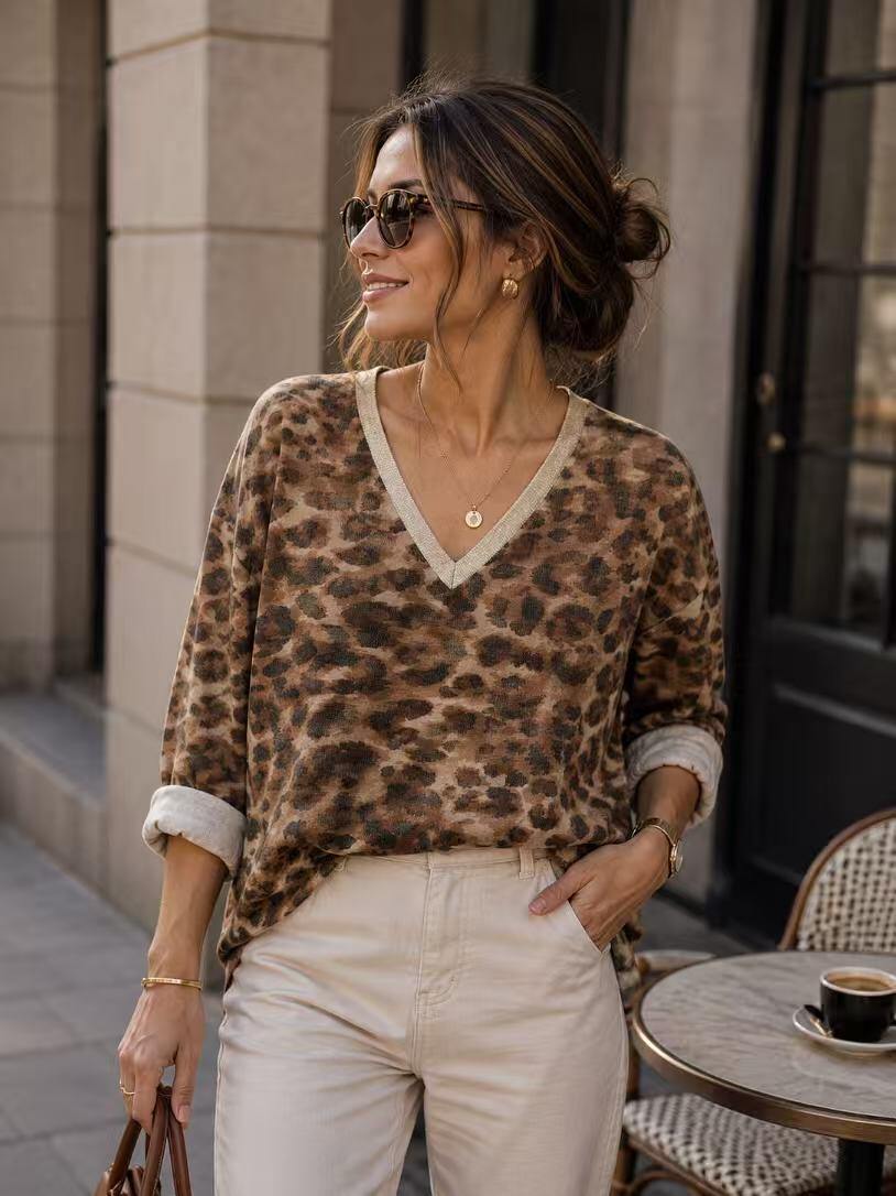 Wholesaler ROSEMARY COLLECTION - Shiny V-neck printed sweater. One size fits 40/42