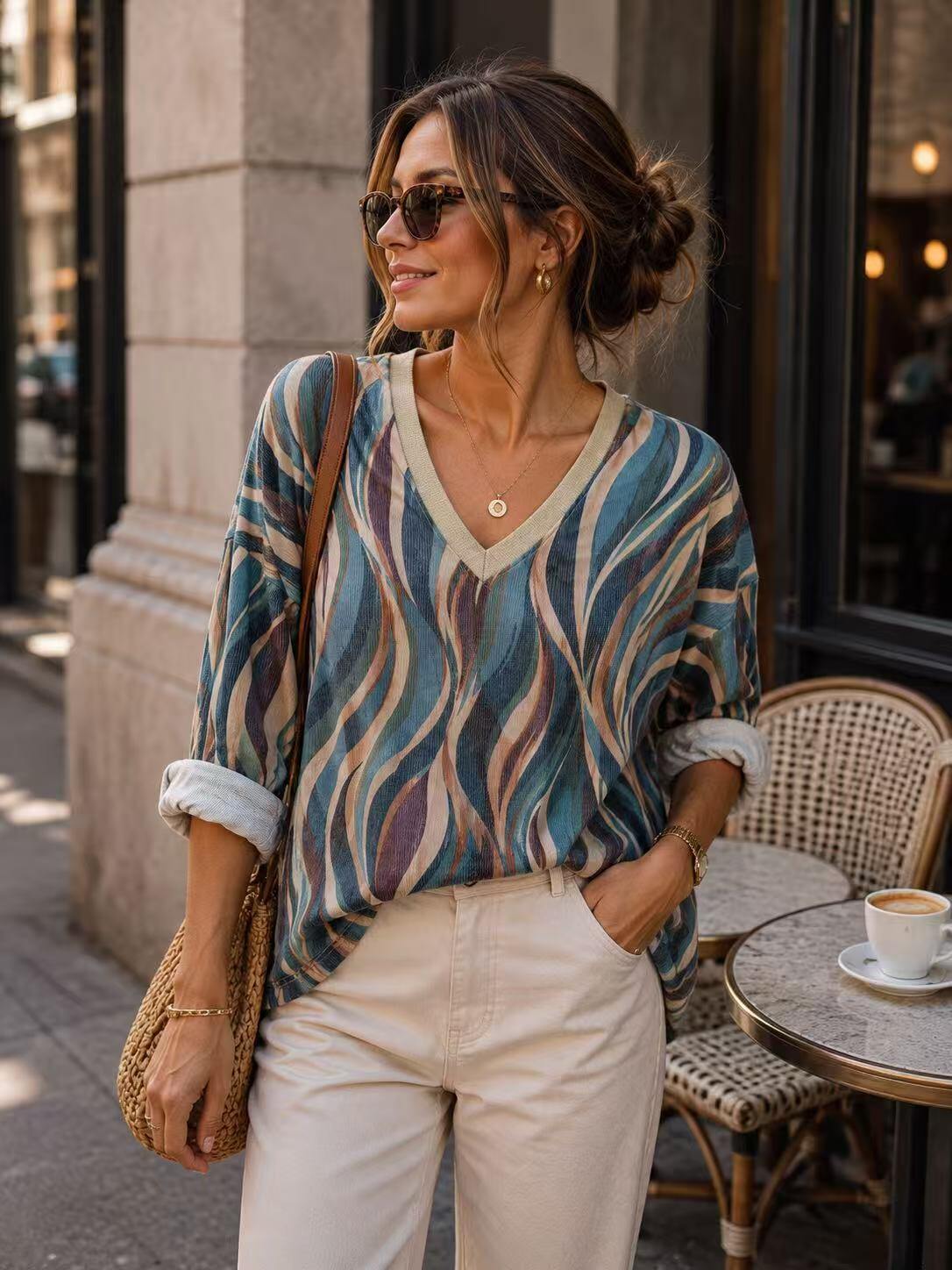 Wholesaler ROSEMARY COLLECTION - Shiny V-neck printed sweater. One size fits 40/42