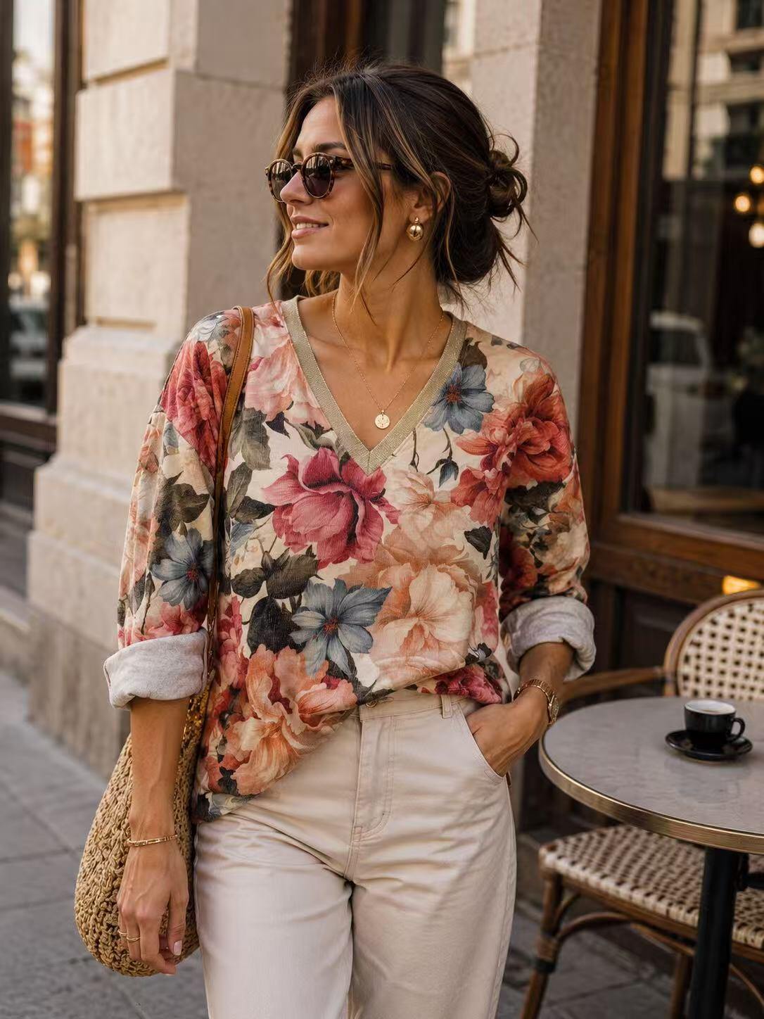 Wholesaler ROSEMARY COLLECTION - Shiny V-neck printed sweater. One size fits 40/42