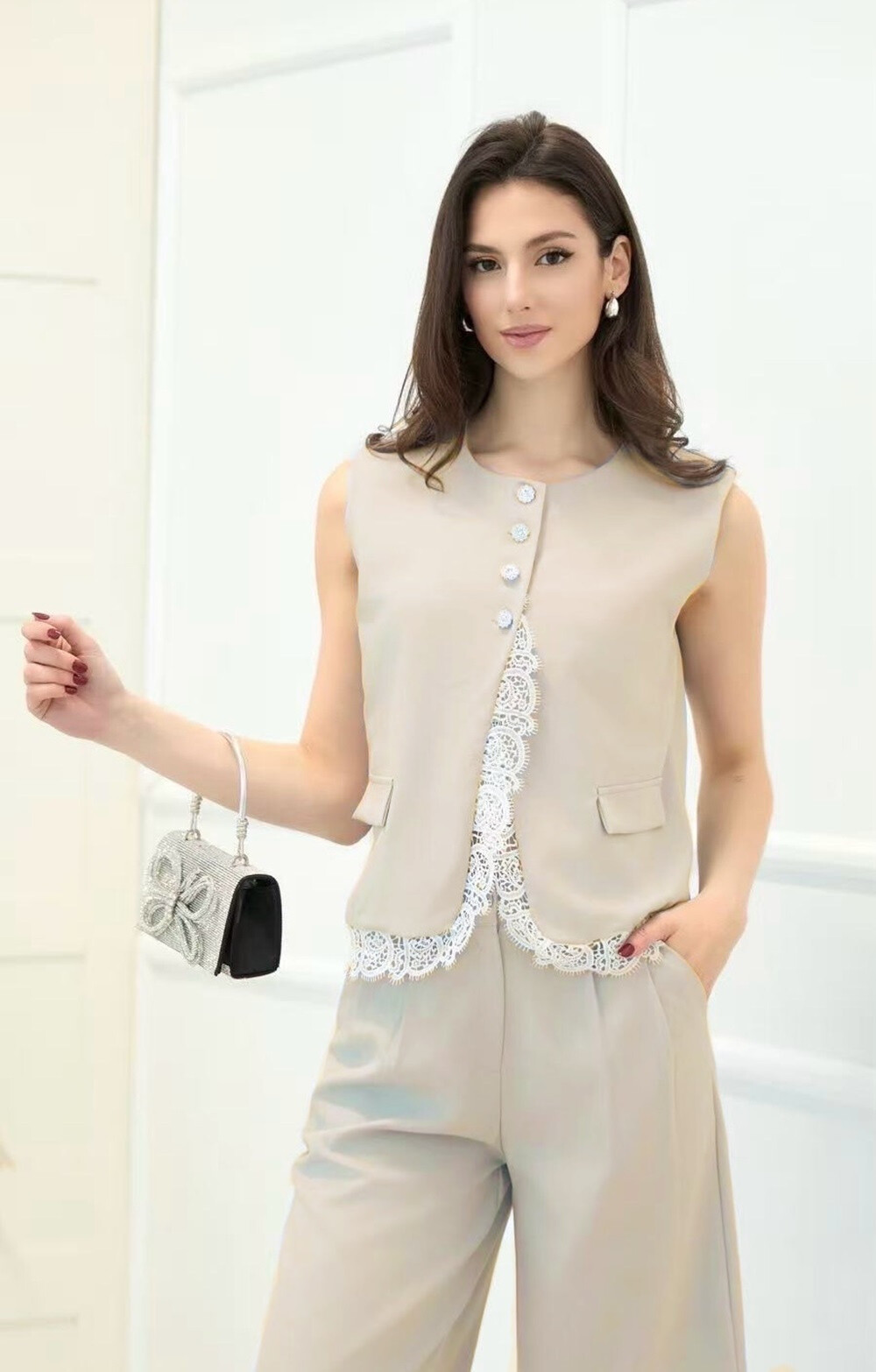 Lace -sleeved vest - Ivory - 1 - large format
