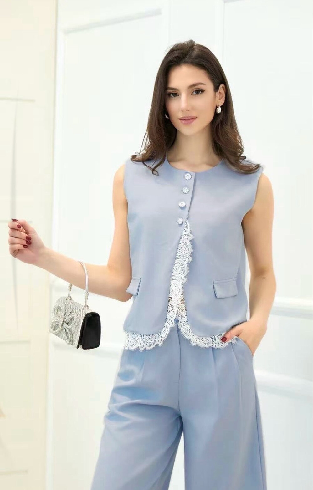 Lace -sleeved vest - Jeans - 2 - large format