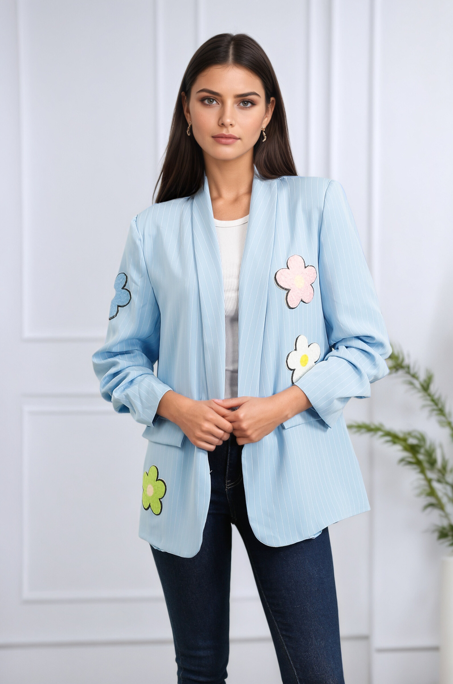 Mayorista Rosy Days - Blazer de rayas con flores 3D de colores